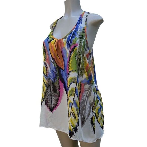 Ali & Kris Tunic Tank Top Women's Large Multicolor Feather Print Sheer Racerback - Picture 7 of 13